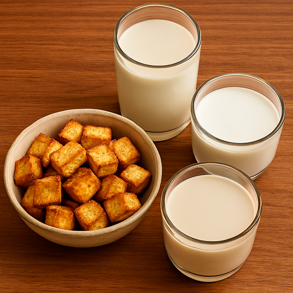 Close-up of stir-fried tofu in a ceramic bowl beside glass containers of soy milk, coconut milk, almond milk, and oat milk on a wooden surface.