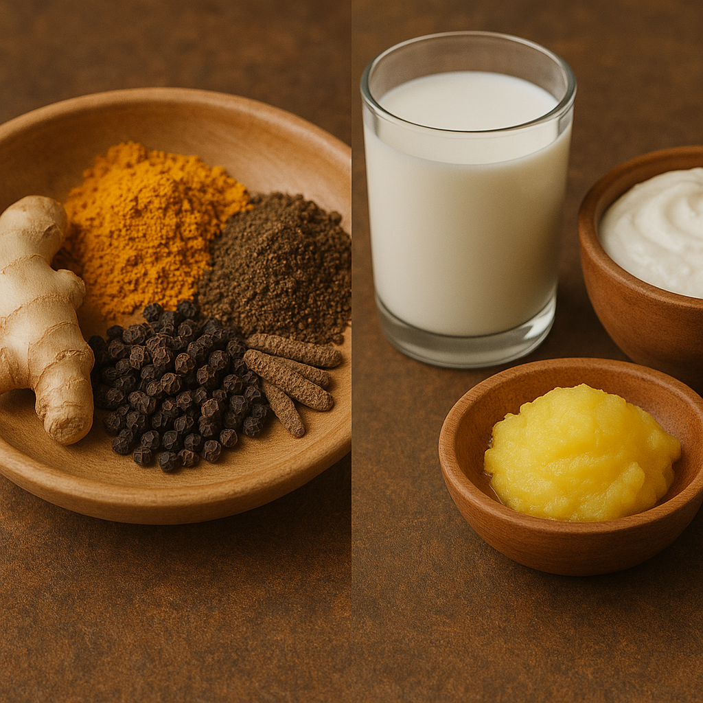 "A wooden plate with ginger, black pepper, long pepper, and powdered spices on the left, and a glass of milk, a bowl of yogurt, and a serving of ghee on the right."