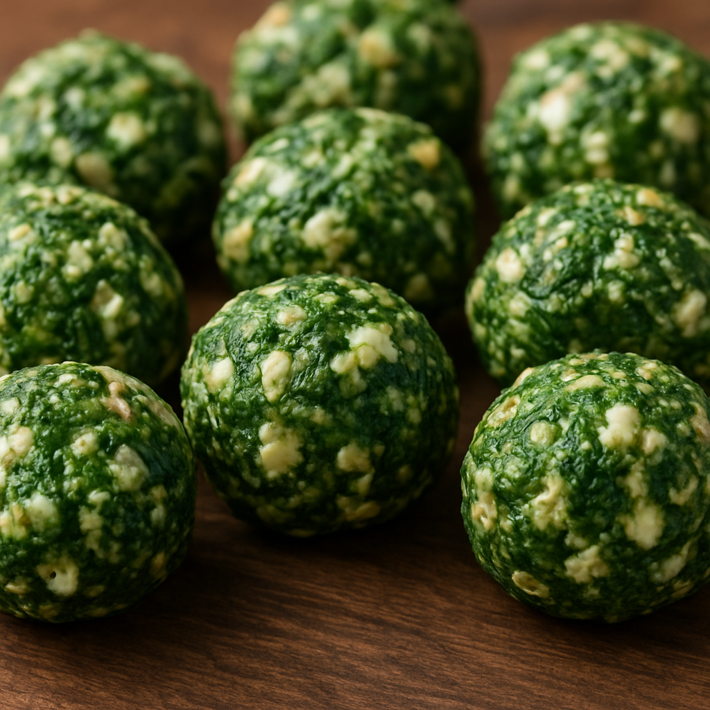 Close-up of spinach and cottage cheese energy bites arranged on a wooden surface
