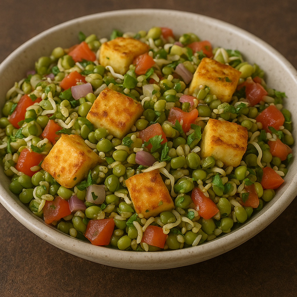 Bowl of fresh sprouts salad with paneer cubes, tomatoes, onions, and cilantro.