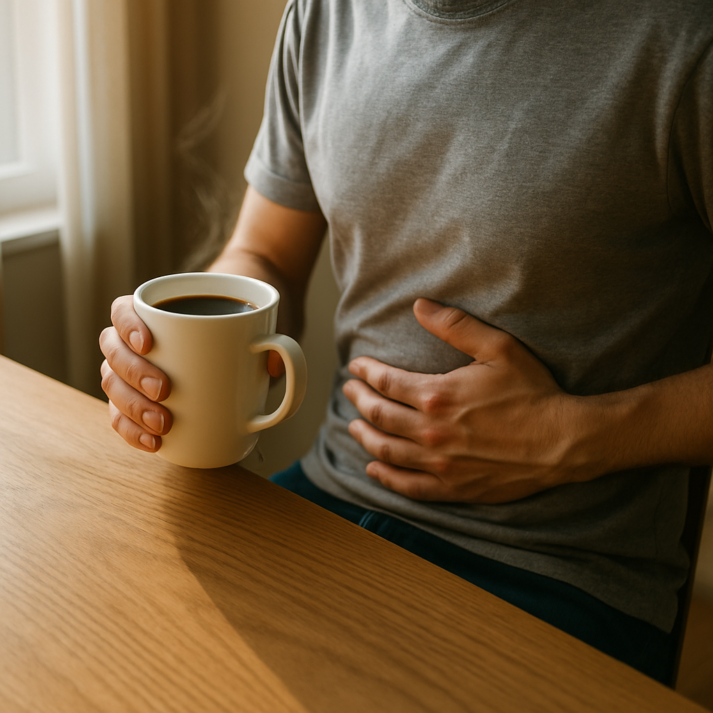 Person holding a steaming cup of coffee while clutching their stomach, symbolizing discomfort from drinking coffee on an empty stomach.