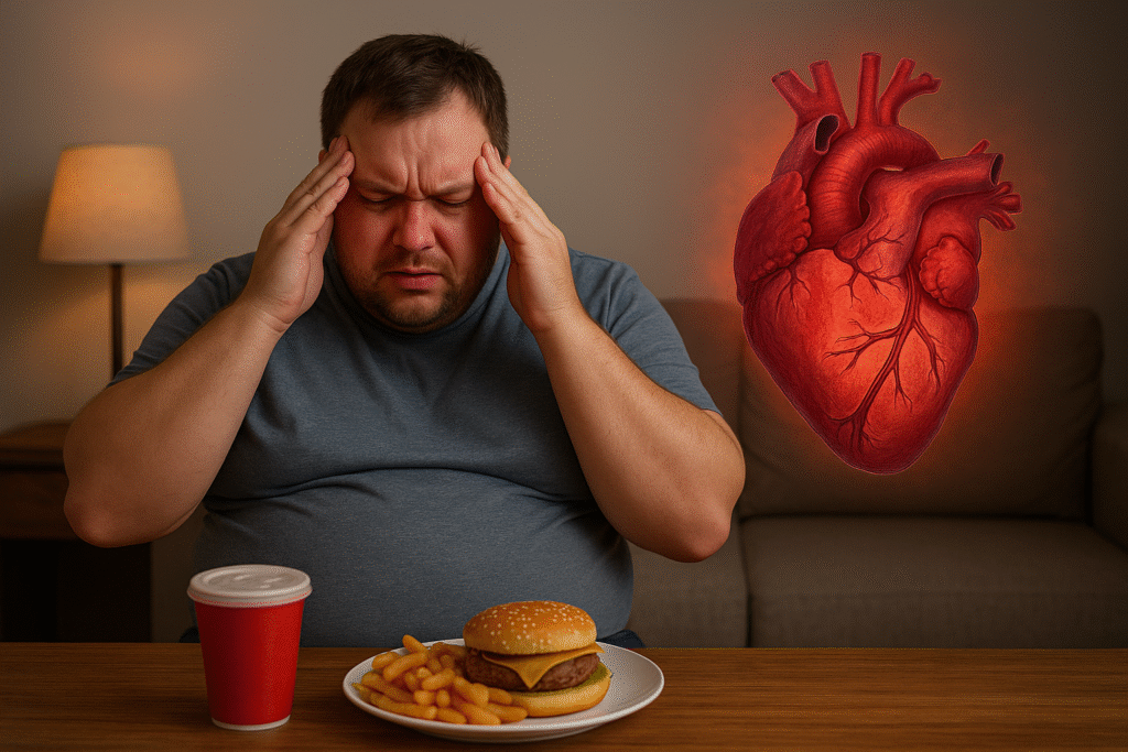 Overweight man holding his head in stress while sitting in front of a fast-food meal with fries, burger, and soda, alongside a glowing red heart illustration symbolizing cardiac issues.