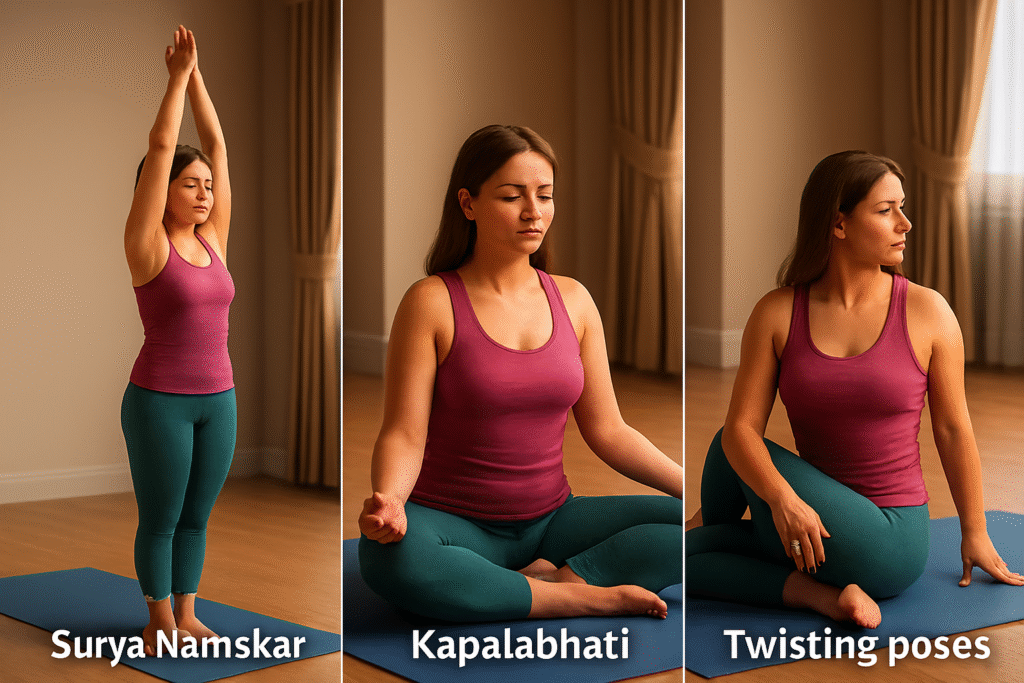 3D-rendered triptych showing a woman performing Surya Namaskar (standing with arms raised), Kapalabhati (seated breathwork), and a seated Twisting pose on a yoga mat in a softly lit room.