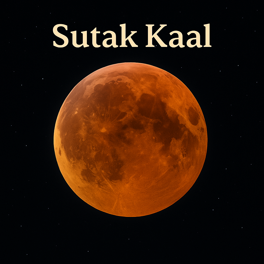 "Blood Moon during lunar eclipse symbolizing Sutak Kaal, an important Vedic observance."