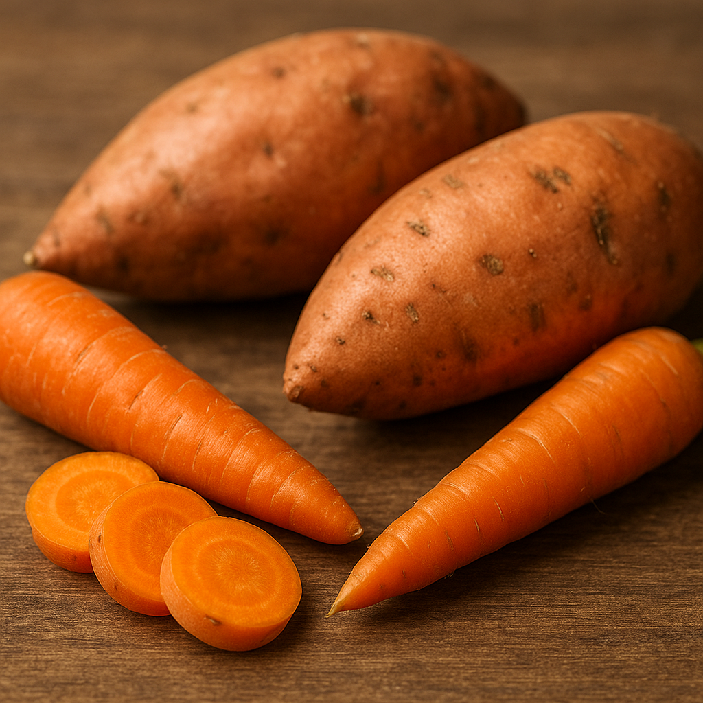 Realistic image of sweet potatoes and fresh carrots with slices on a wooden surface, showing beta-carotene rich vegetables for skin health.