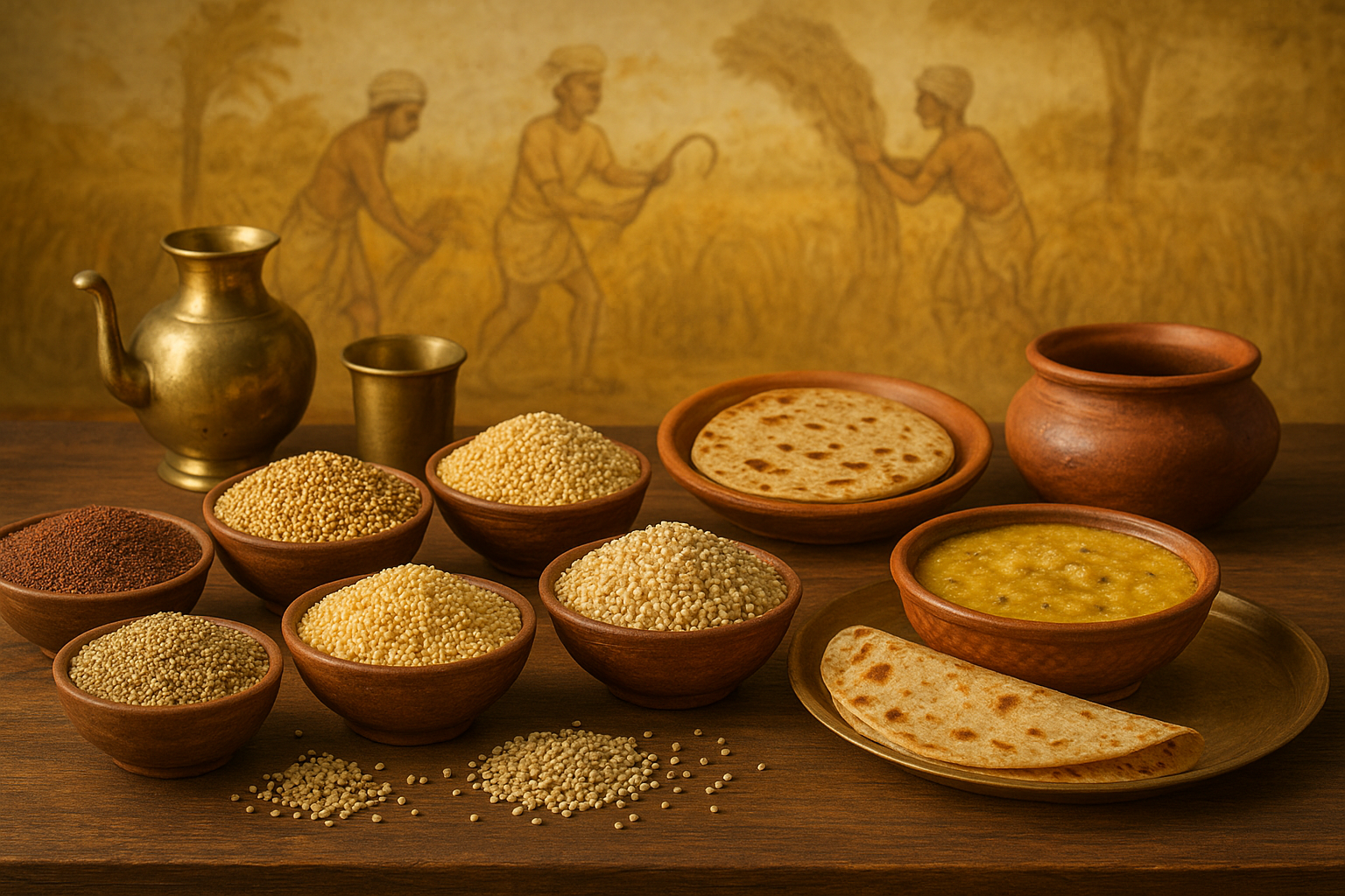 Assorted Indian millets in earthen bowls with millet rotis, porridge, and traditional utensils on a rustic table, symbolizing heritage and nutrition