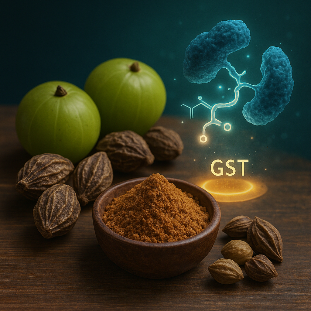 Realistic image of Triphala fruits—Amalaki, Bibhitaki, and Haritaki—alongside powdered Triphala, with glowing scientific visualization of GST enzymes symbolizing detoxification.
