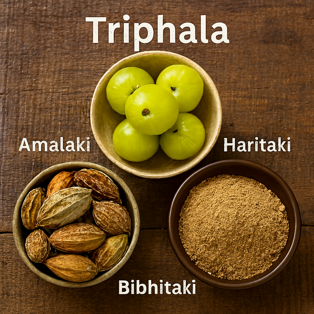 Three ceramic bowls arranged on a rustic wooden surface, each containing one of Triphala’s components: fresh green Amalaki fruits, dried brown Haritaki pods, and finely ground Bibhitaki powder. Each bowl is labeled with its ingredient name.