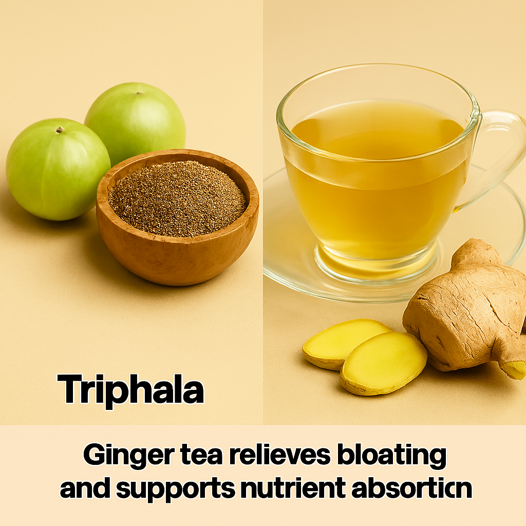 Realistic image showing a wooden bowl of Triphala powder beside fresh amla fruits, and a glass cup of golden ginger tea with sliced ginger root—arranged on a beige background with soft lighting.
