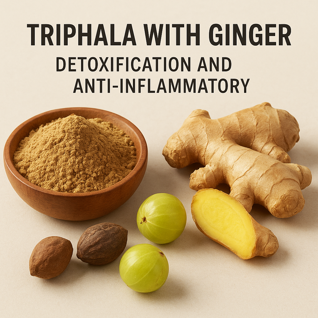 Wooden bowl of Triphala powder with fresh ginger root and fruits, representing Ayurvedic detoxification and anti-inflammatory benefits.