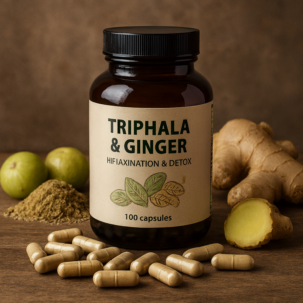A bottle of Triphala and Ginger capsules on a rustic wooden surface, surrounded by Indian gooseberries, ginger root, and powdered Triphala—highlighting its detox and anti-inflammatory benefits.