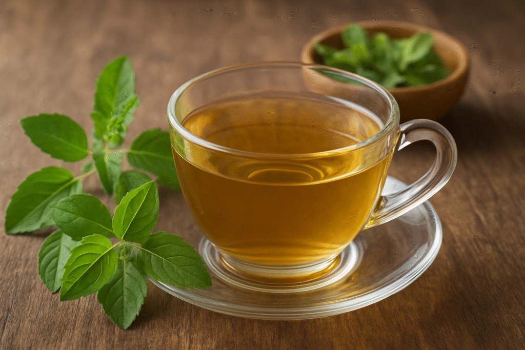 A clear glass cup of golden Tulsi tea with fresh green basil leaves on a wooden table.