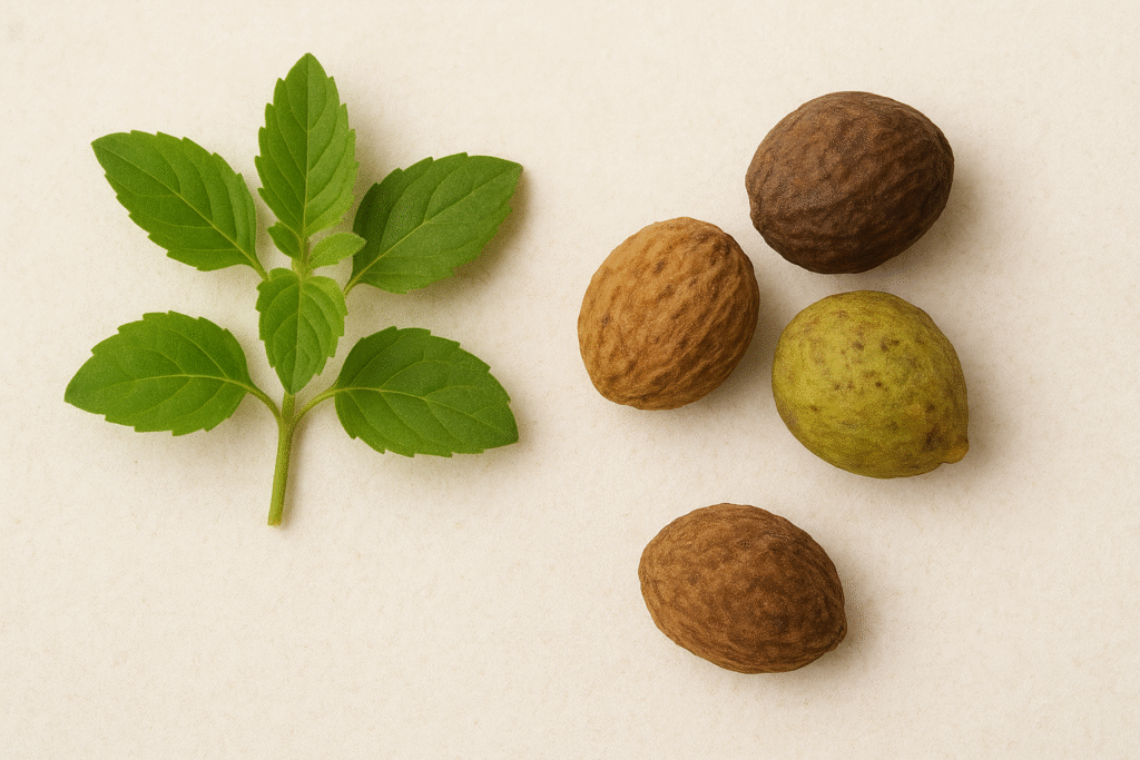 Fresh green Tulsi leaves placed beside three dried Triphala fruits on a light background.