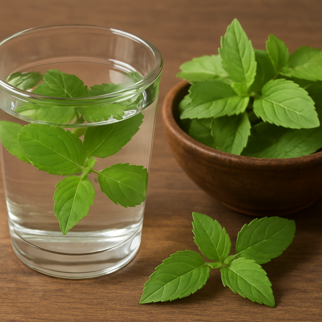 "A glass of water with fresh green Tulsi leaves, placed beside a wooden bowl filled with more Tulsi leaves on a wooden surface."