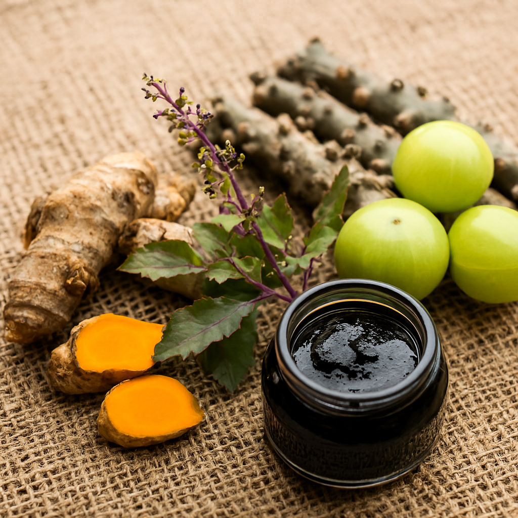 Close-up of Ayurvedic ingredients including Tulsi leaves, turmeric root and slices, giloy stems, fresh amla fruits, and a jar of chyawanprash arranged on burlap fabric.