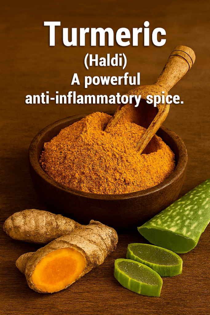 Realistic image showing a bowl of vibrant orange turmeric powder with a wooden scoop, alongside fresh turmeric rhizomes—one whole and one sliced to reveal its bright interior—arranged on a rustic wooden surface.