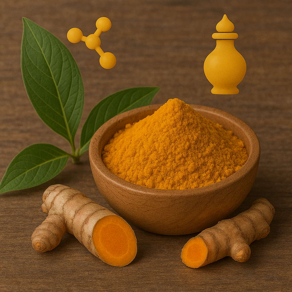 Turmeric roots and powder in a wooden bowl with leaves, molecular structure, and Ayurvedic symbol representing its active compounds and medicinal value.