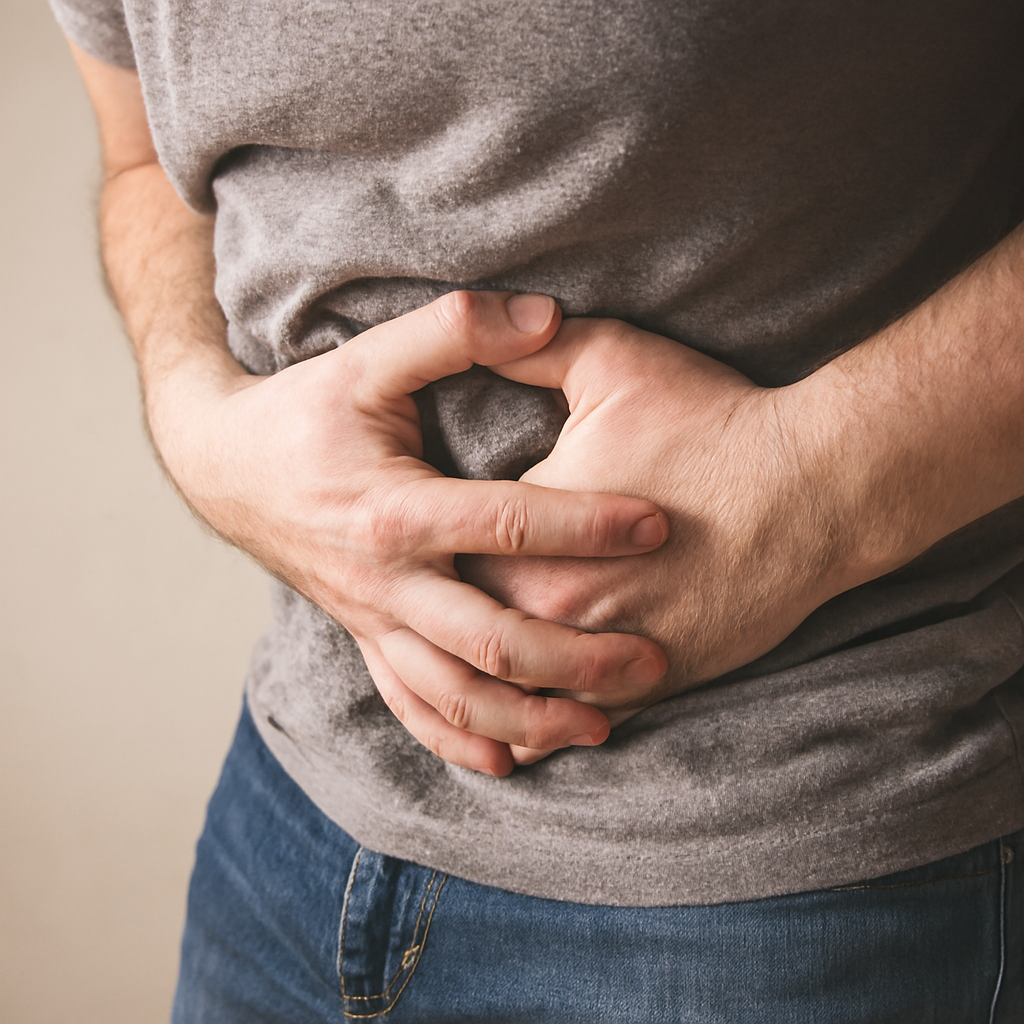 Close-up of a man pressing his hands against his abdomen, suggesting sluggish digestion and internal discomfort.