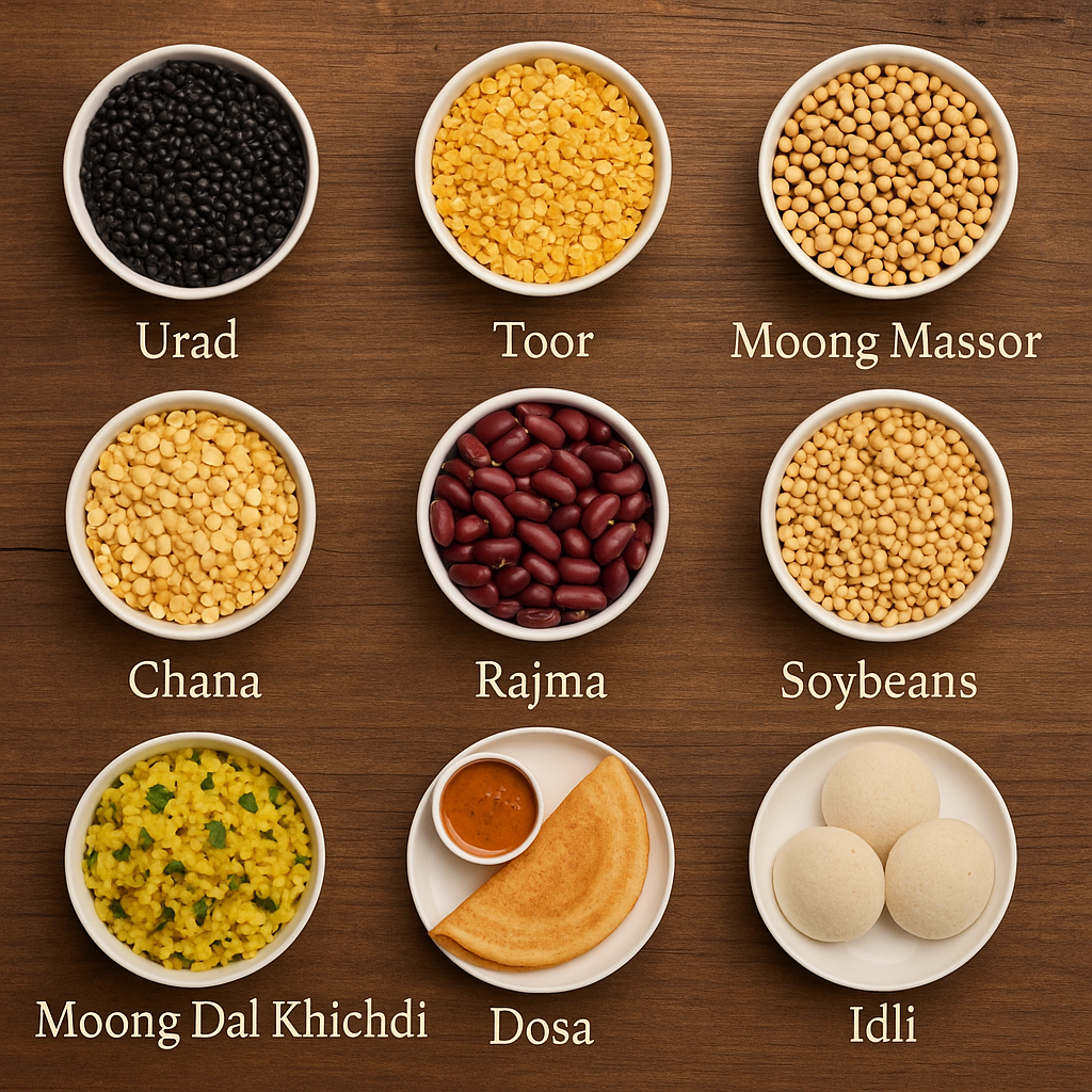 Bowls of urad, toor, moong masoor dal, chana, rajma, soybeans, along with plates of moong dal khichdi, dosa with chutney, and idli displayed on a wooden surface.