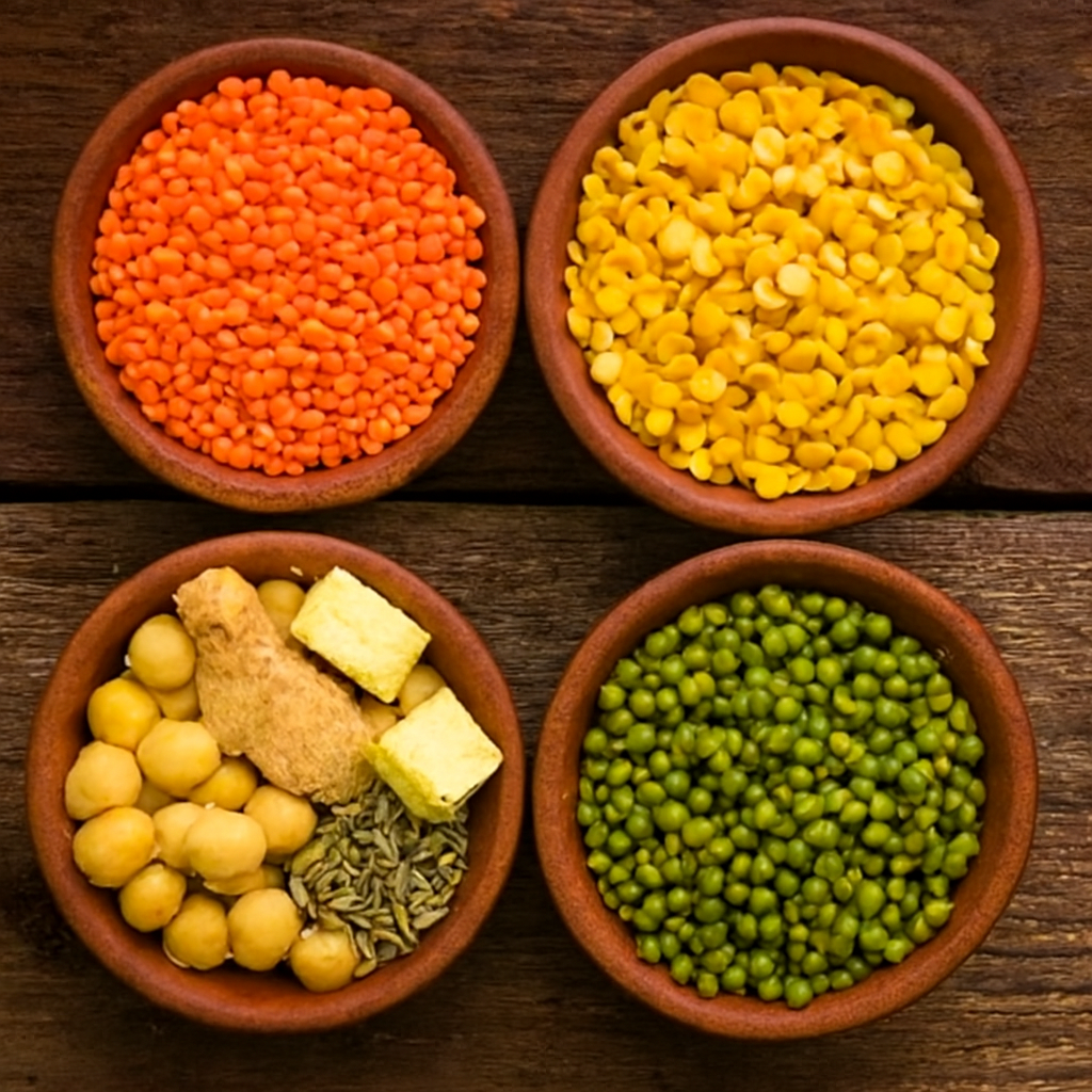 Four terracotta bowls on a rustic wooden surface filled with moong dal, masoor dal, toor dal, and chana, accompanied by fresh ginger, cumin seeds, and a cube of hing.