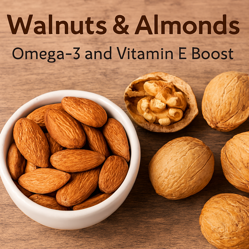 A white bowl filled with whole almonds sits on a rustic wooden surface beside whole walnuts and a cracked walnut shell revealing its golden kernel. Text above reads “Walnuts & Almonds – Omega-3 and Vitamin E Boost.”