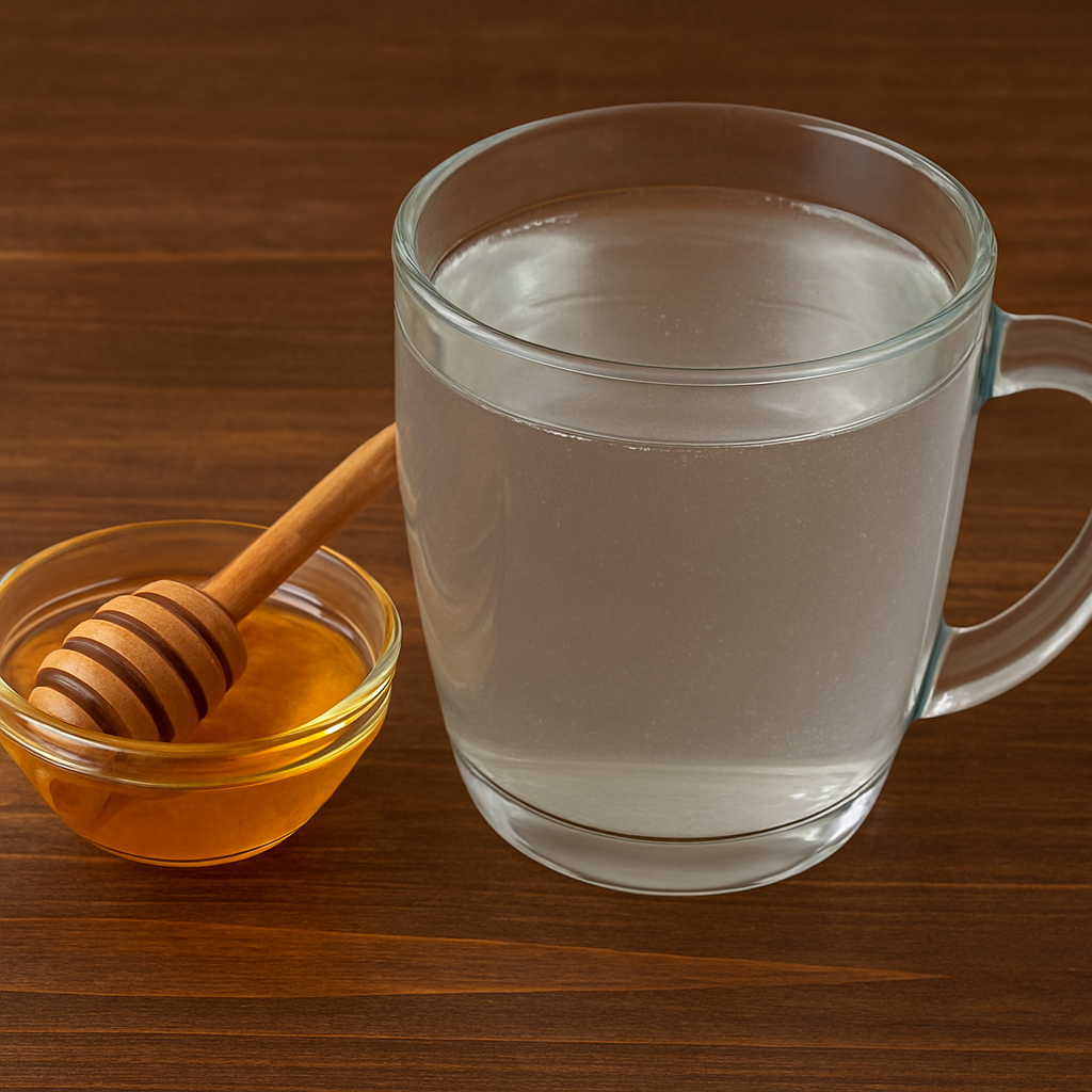 A glass of warm water beside a small bowl of golden honey with a wooden honey dipper on a wooden table, representing an Ayurvedic home remedy.