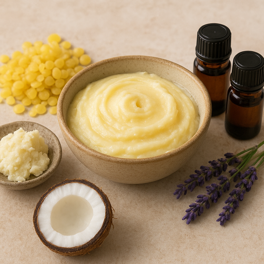A ceramic bowl of creamy balm surrounded by beeswax pellets, shea butter, a halved coconut, amber essential oil bottles, and sprigs of lavender.