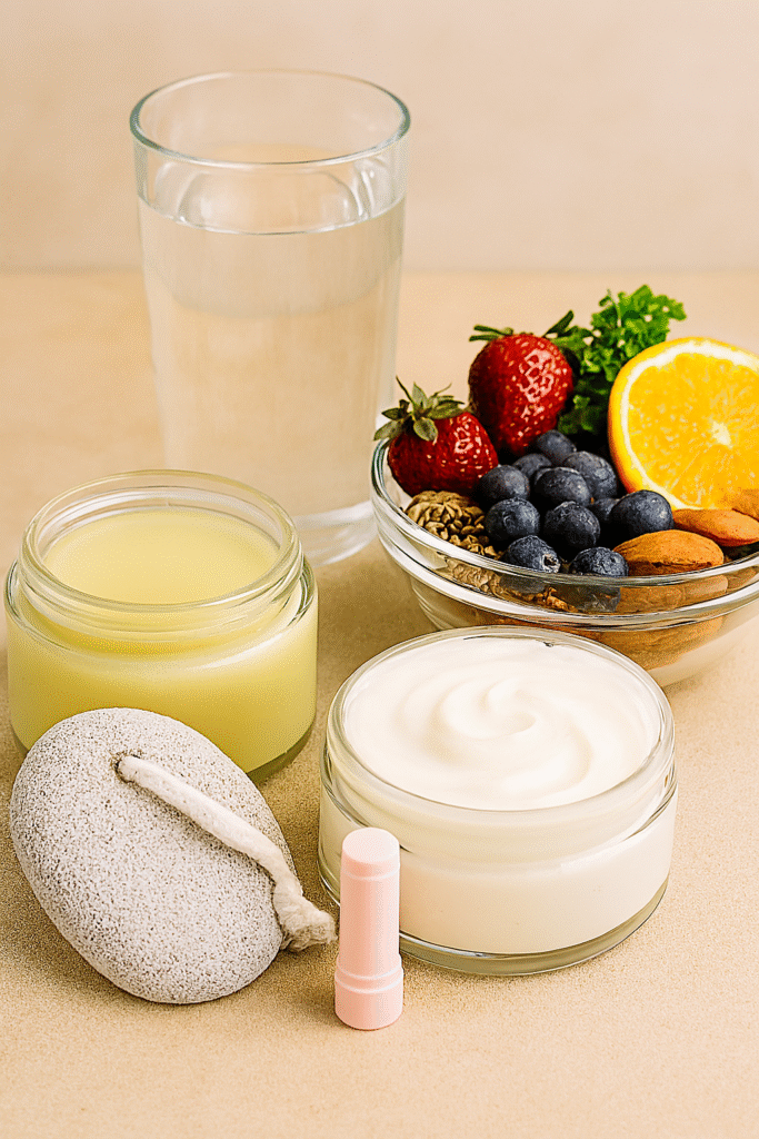 A realistic flatlay showing cracked heel balm, moisturizing cream, lip balm, a pumice stone, a glass of water, and a bowl of antioxidant-rich foods including berries, citrus, almonds, flaxseeds, and parsley.