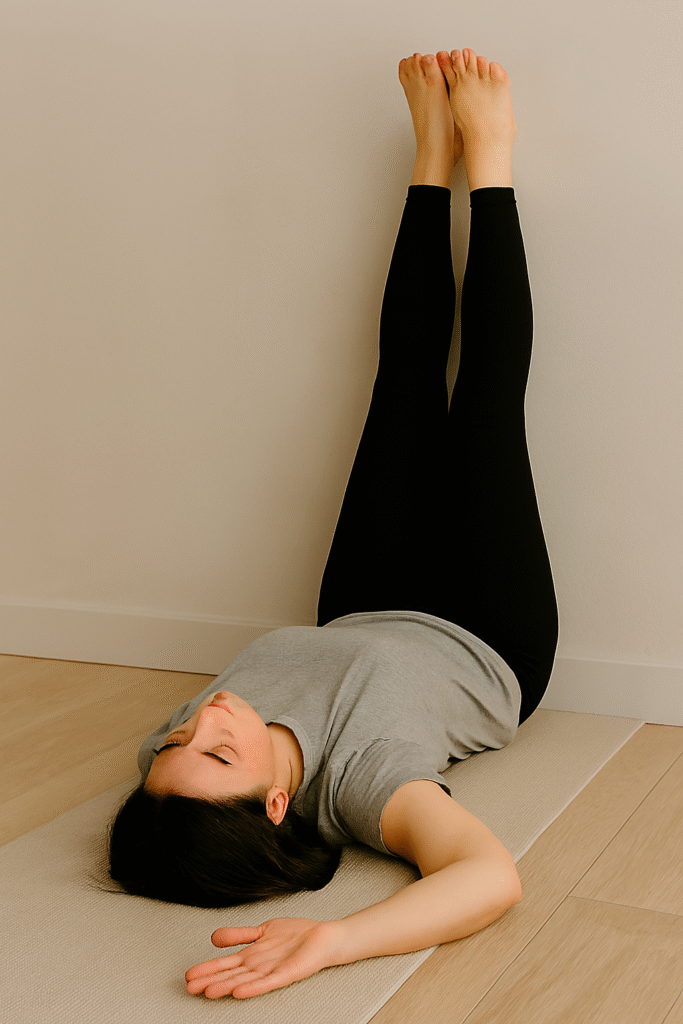 A woman practices Viparita Karani with her legs extended up a wall and head resting on a yoga mat, while also shown in Balasana with arms stretched forward, illustrating gentle restorative yoga poses.