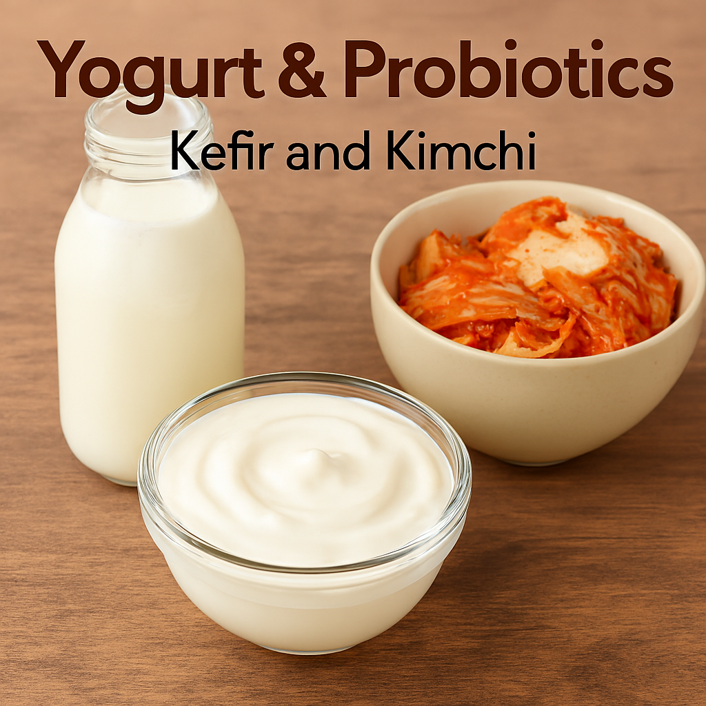 A glass bowl of creamy yogurt, a bottle of kefir, and a ceramic bowl of vibrant red-orange kimchi arranged on a rustic wooden surface. Text above reads “Yogurt & Probiotics – Kefir and Kimchi.”