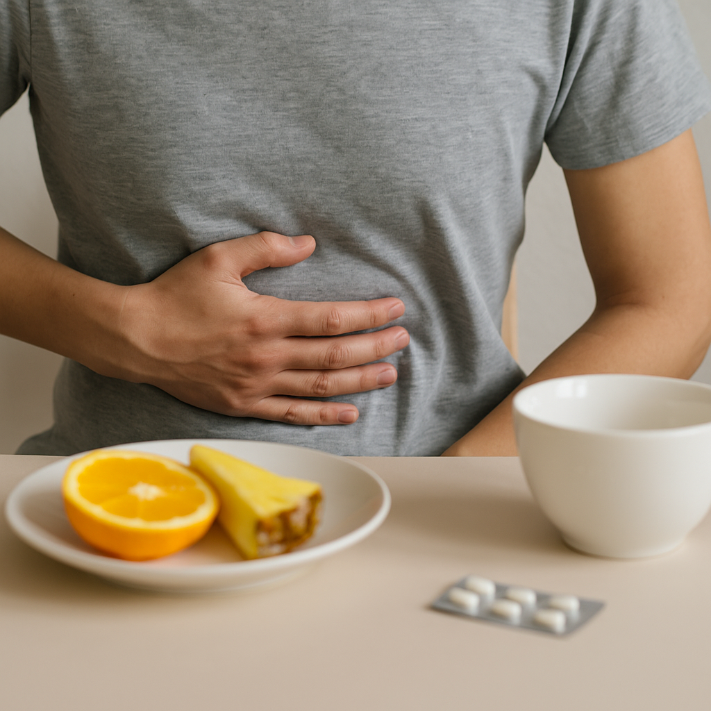 Person holding their stomach in discomfort with a plate of orange and pineapple, symbolizing acidic fruits and gastritis triggers.