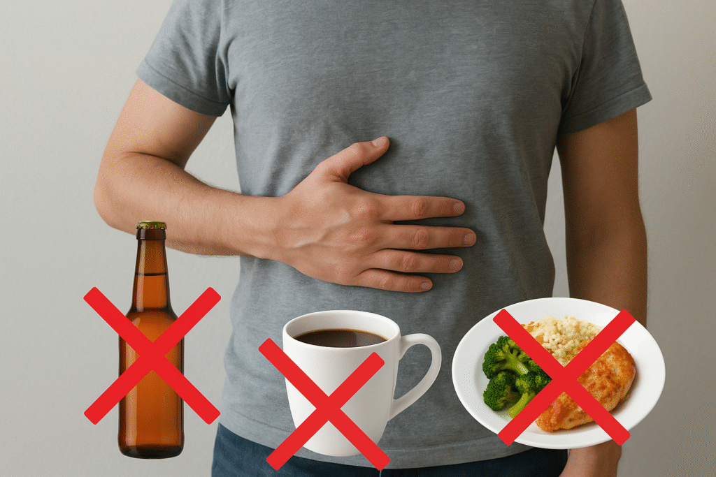 A person holding their stomach with red X marks over alcohol, coffee, and a large meal, symbolizing foods and drinks to avoid for gastritis relief.