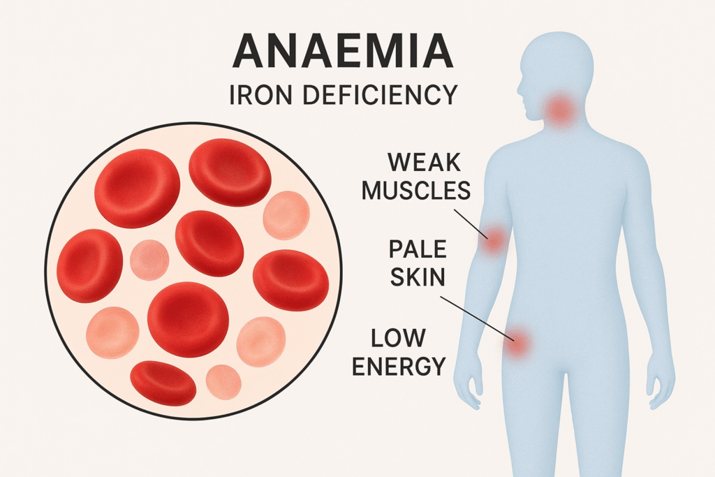 Scientific illustration of anaemia with red blood cells under a microscope, highlighting iron deficiency, weak muscles, pale skin, and low energy in a human body silhouette.