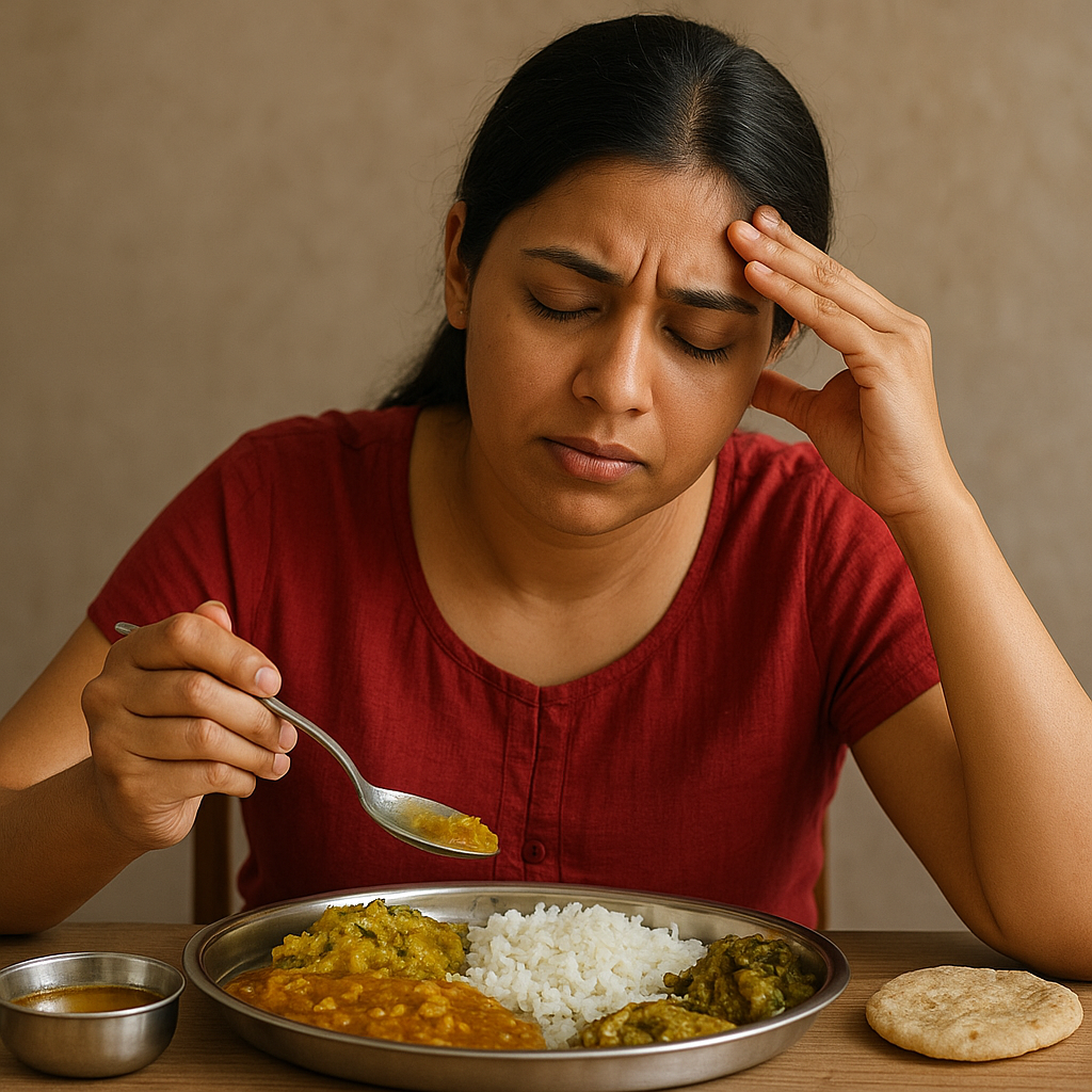 Indian woman looking fatigued while eating a simple meal of rice, dal, and vegetables, symbolizing anemia due to low protein quality.