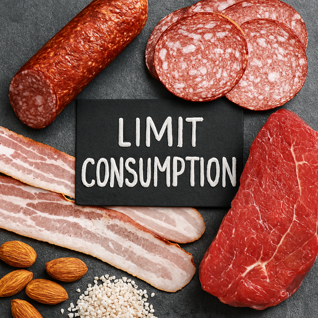 Assorted red and processed meats including steak, bacon, and salami arranged around a black sign reading “LIMIT CONSUMPTION” on a dark textured background.