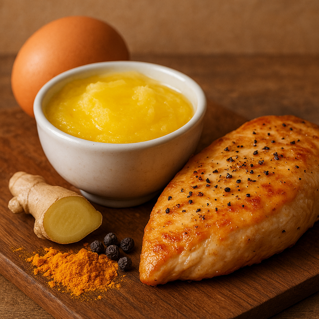 A close-up of a chicken breast seasoned with black pepper, placed alongside a bowl of golden ghee, a brown egg, fresh ginger slices, turmeric powder, and black peppercorns on a wooden surface.