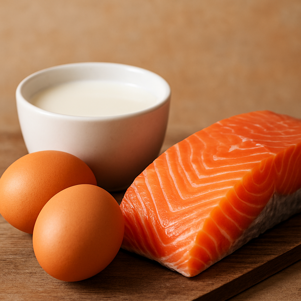 A close-up of animal protein foods including a glass of milk, two eggs, and a fresh salmon fillet arranged neatly on a wooden surface.