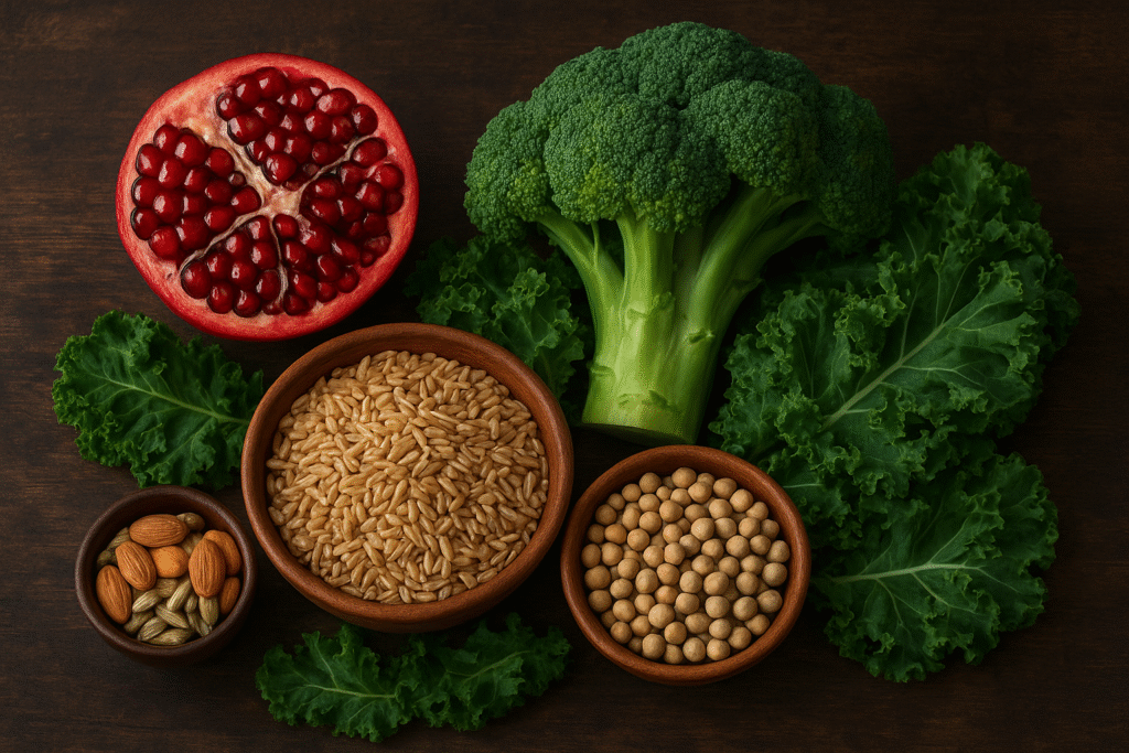 A realistic arrangement of fresh pomegranate, broccoli, kale leaves, whole grains, chickpeas, and almonds on a wooden surface.