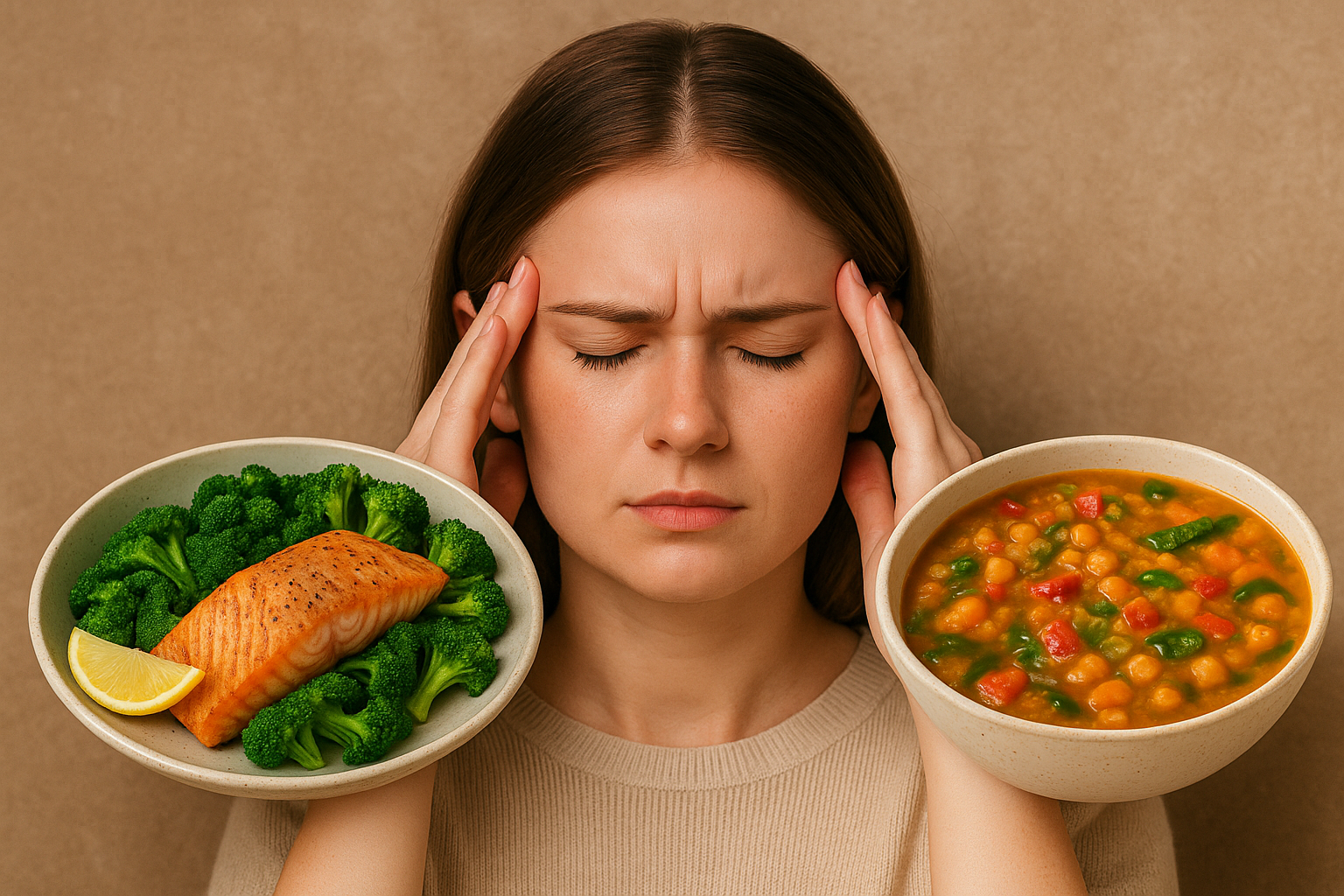 A woman holding her temples in discomfort, with a bowl of salmon and broccoli on one side and a bowl of vegetable-chickpea stew on the other, symbolizing migraine relief through anti-inflammatory foods.