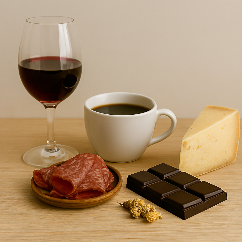 A wine glass, coffee cup, salami slices, dark chocolate bar, and wedge of aged cheese are arranged on a wooden surface, representing common migraine-triggering foods.