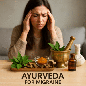 Woman with migraine holding her temples, Ayurvedic herbs, turmeric, and mortar and pestle on table.