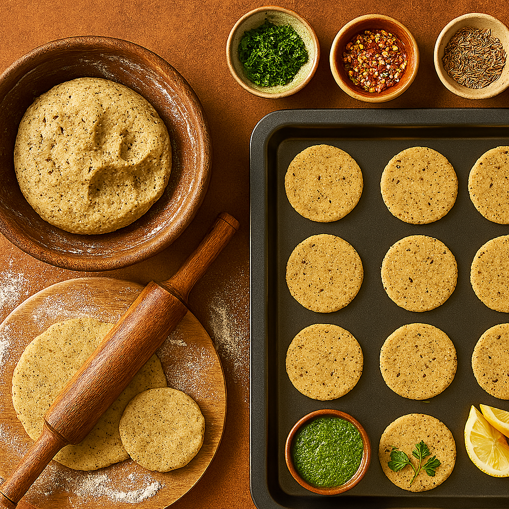 Top-view of a kitchen counter during millet mathri preparation. A bowl of millet flour dough with ajwain and sesame is being kneaded. A rolling pin flattens mathris on a floured board, with a baking tray of round mathris nearby. Small bowls of herbs, chili flakes, and cumin add flavor options.