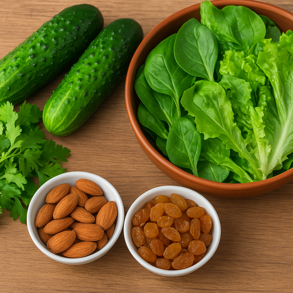 Fresh cucumber, coriander, leafy greens, soaked almonds, and golden raisins displayed on a wooden surface as Ayurvedic cooling foods.
