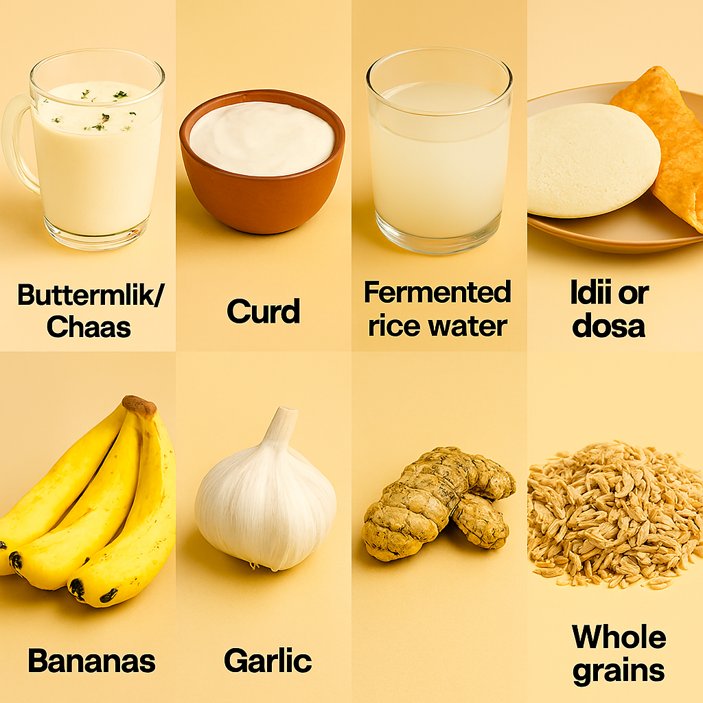 Realistic collage featuring buttermilk (chaas) in a glass, curd in an earthen bowl, fermented rice water in a jar, idli and dosa on a banana leaf, ripe bananas, garlic bulb, and a pile of whole grains—arranged on a warm beige background.