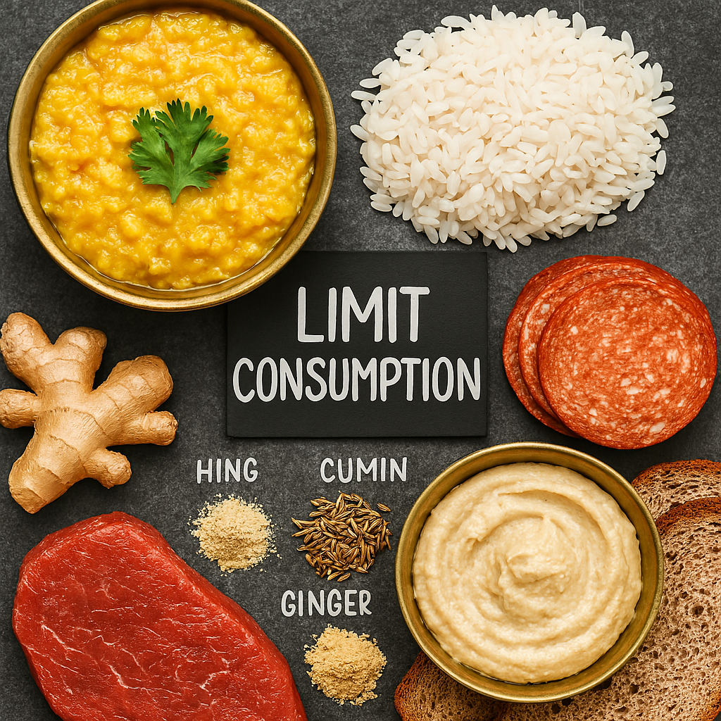 Top-down view of Indian and Middle Eastern foods including dal with rice, hummus with whole wheat bread, and piles of hing, cumin seeds, and ginger on a dark textured background.
