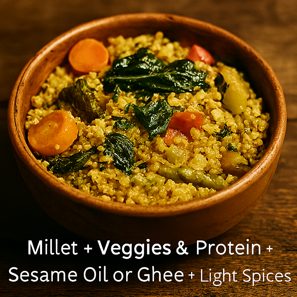 Rustic ceramic bowl filled with golden millet khichdi featuring carrots, spinach, tomatoes, zucchini, and herbs, placed on a wooden surface.