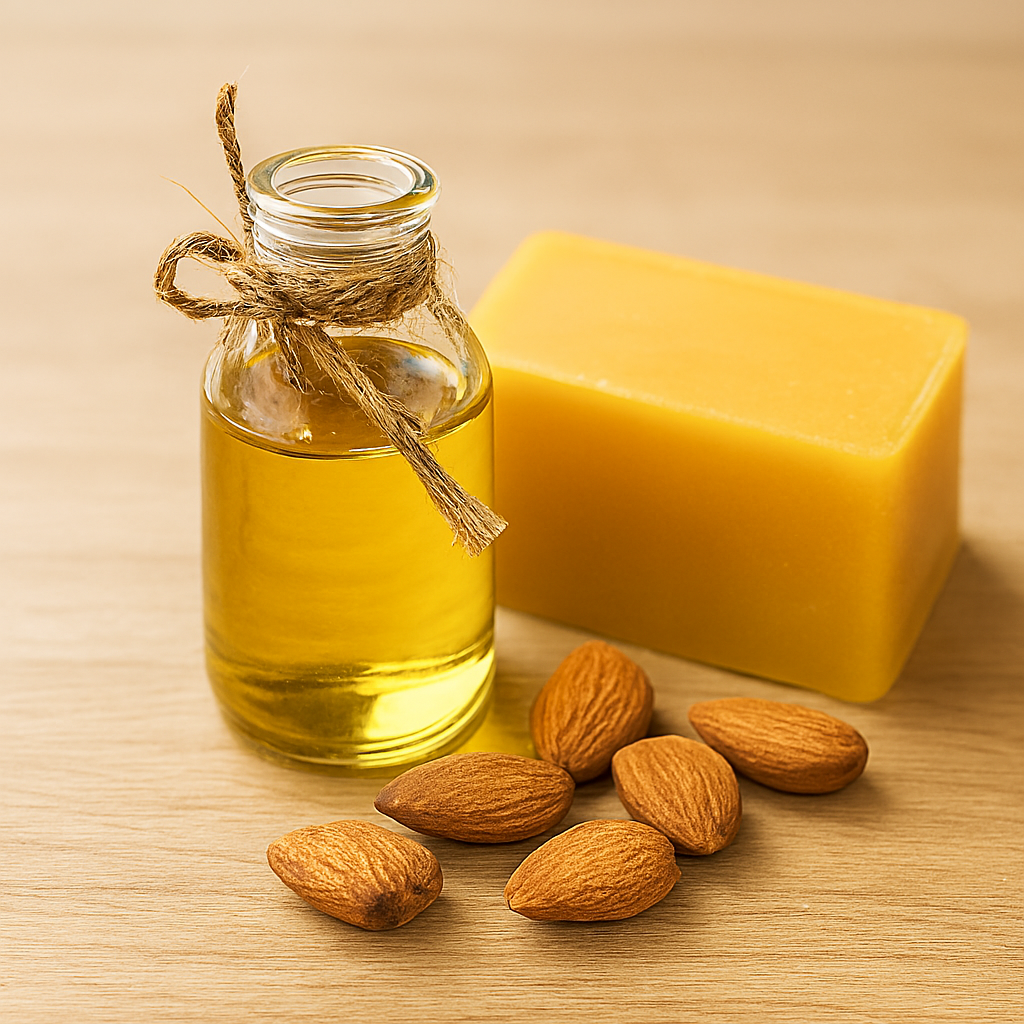 A small glass bottle of golden almond oil tied with jute twine sits beside a rectangular block of yellow beeswax and scattered whole almonds on a light wooden surface.