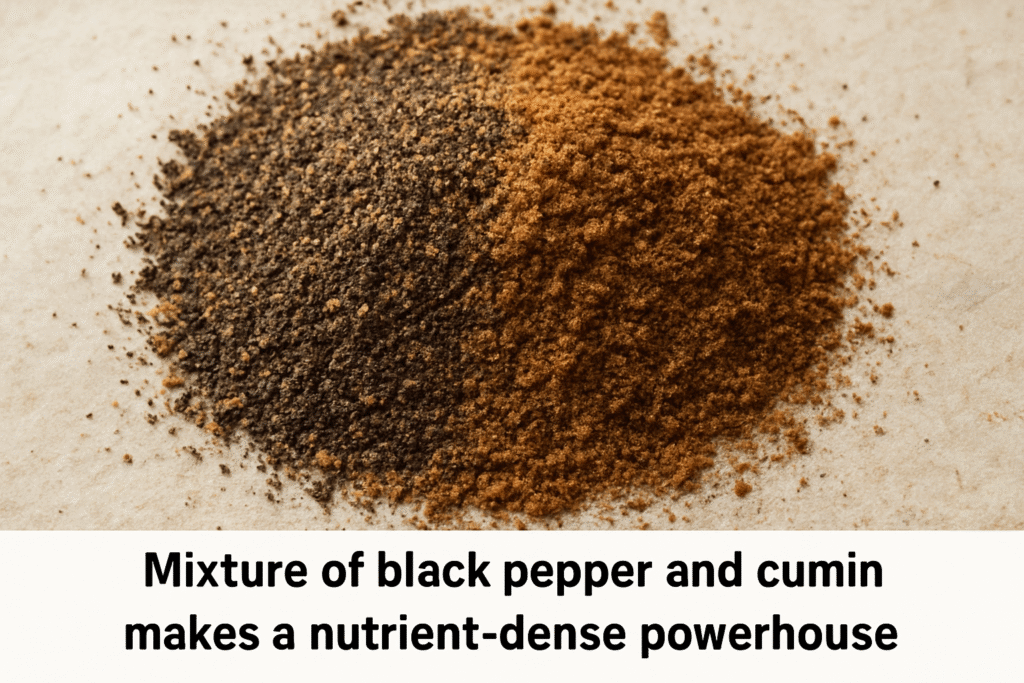 Close-up of ground black pepper and cumin mixed together on a natural surface.