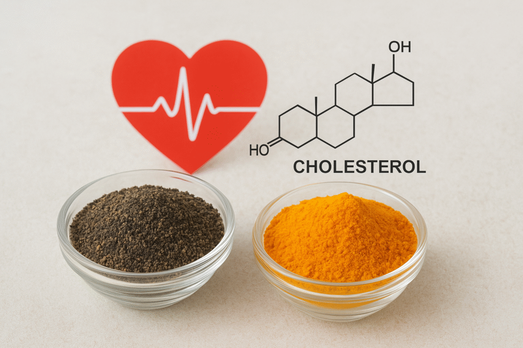 Glass bowls filled with black pepper and turmeric placed in front of a red heart with an ECG line and a cholesterol molecule diagram.