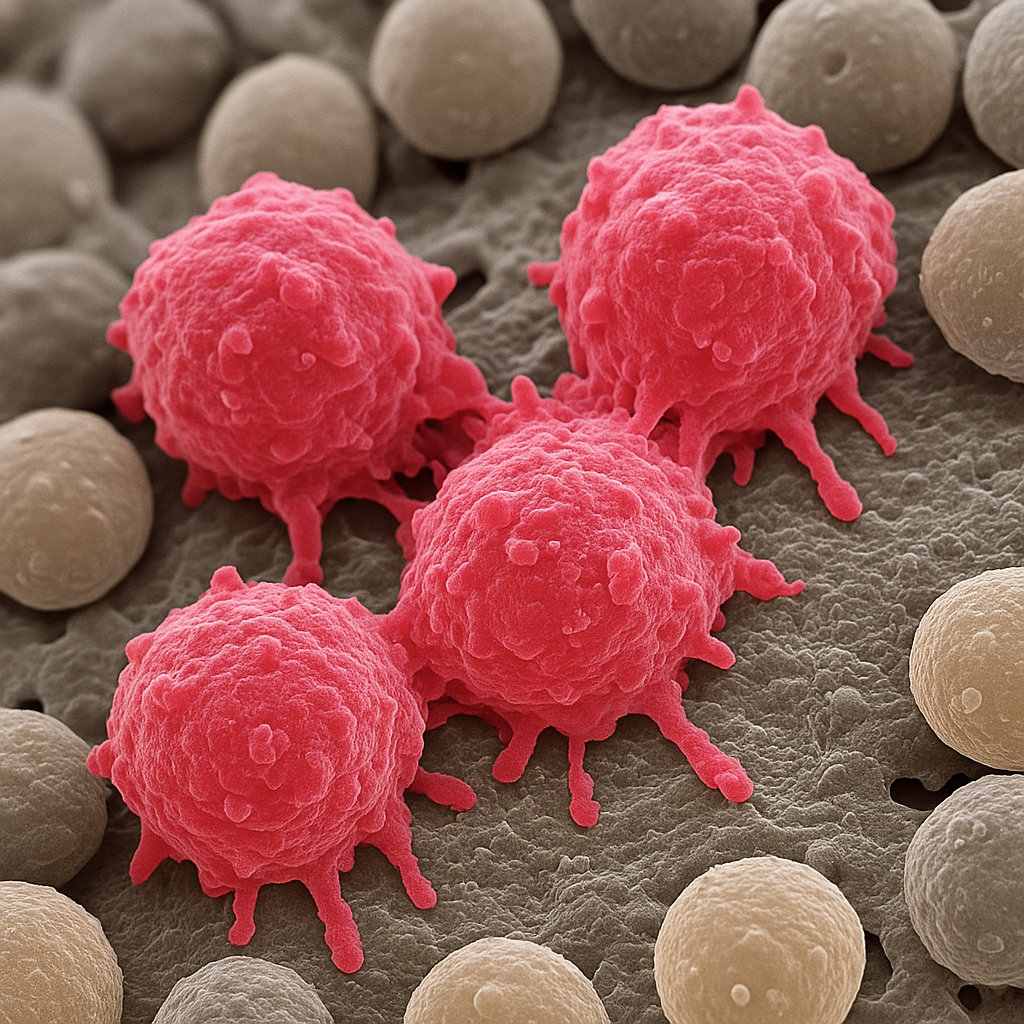3D realistic scientific image showing abnormal breast cancer cells highlighted in pink among normal tissue cells